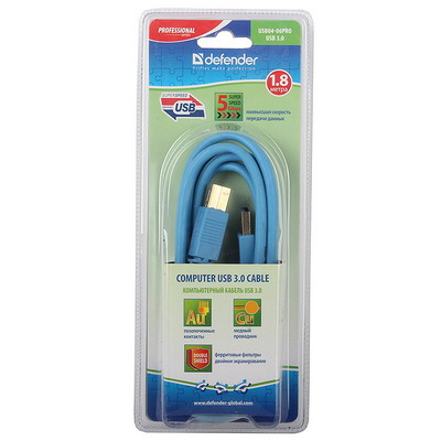 Кабель соединительный USB 3.0 А(M)-B(M) Defender [1.8 м., синий, блистер, профессиональный, позолоченные контакты]