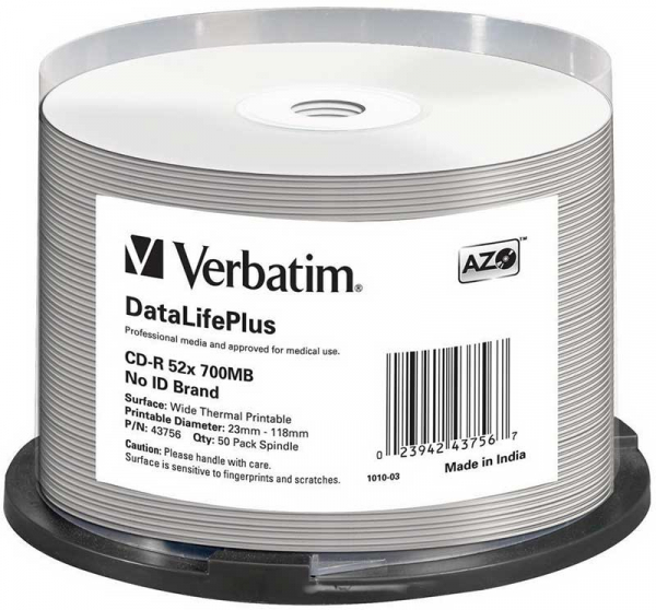 Диск CD-R Verbatim 700Mb 52x Cake Box (50 шт) Printable термо
