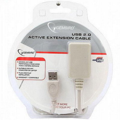 Кабель удлинительный USB 2.0 А(M)-A(F) Cablexpert [4.8 м., активный, серый, блистер]
