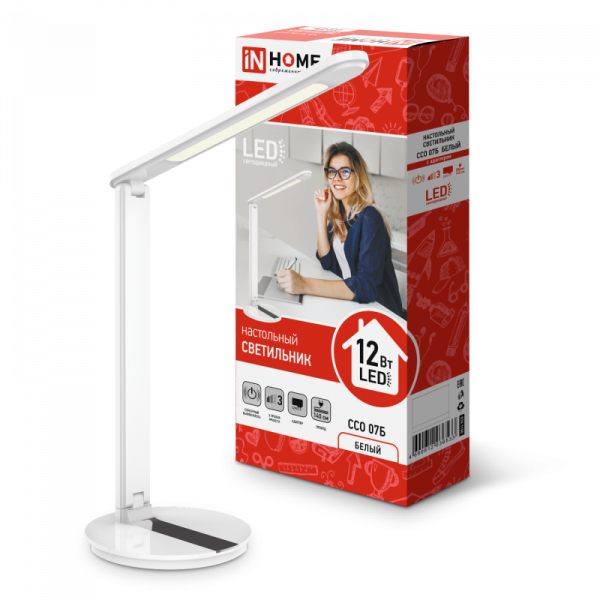 Лампа настольная ASD/inHome ССО-07Б белая [LED, 12Вт, 600Lm, 3000-6500K, 3 режима сенсор]