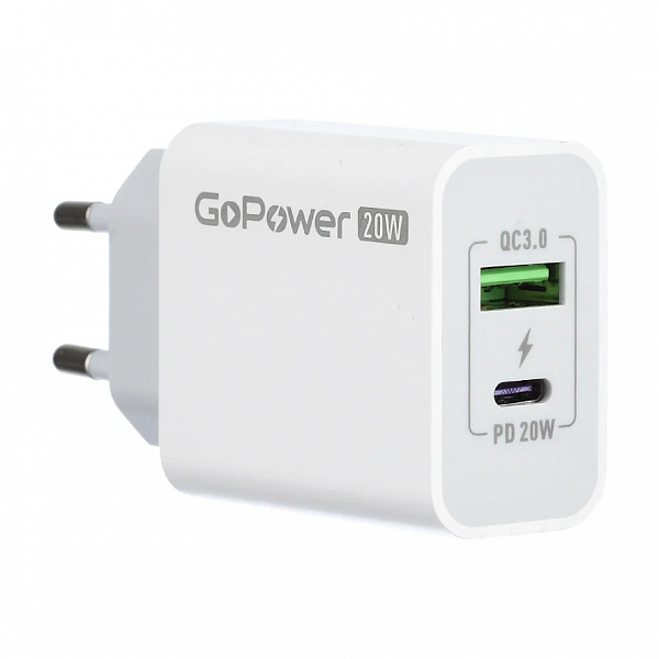 Адаптер питания GoPower 1USB+1Type-C 20W QC3.0 белый