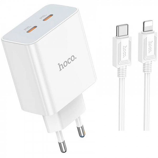 Сетевое ЗУ HOCO CW23 C108A 2Type-C 35W с кабелем Type-C - Lightning белый