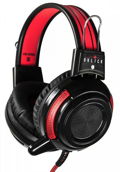 Наушники проводные Oklick HS-G300 черный/красный [с микрофоном, регулятор громкости, USB / 2 x mini jack 3.5 mm, 2.5 м]